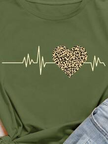 SHEIN LUNE Electrocardiogram Print Round Neck T-Shirt - Army Green - View 4