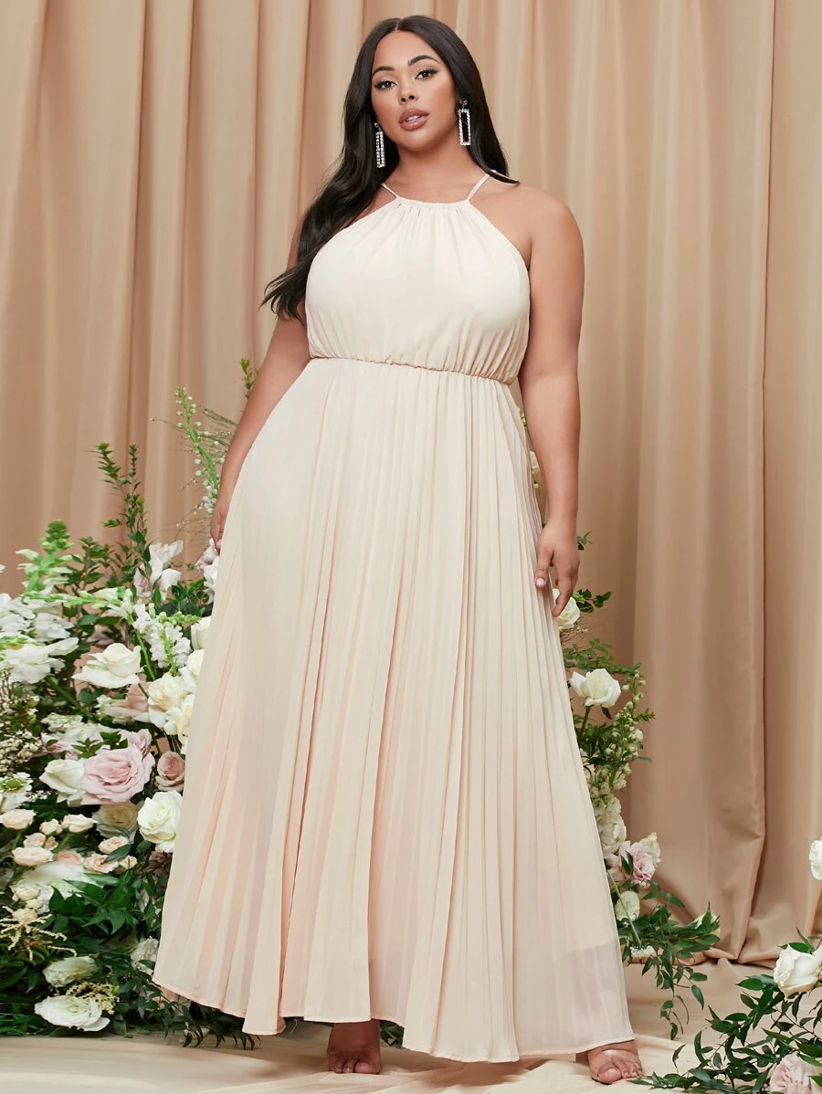 SHEIN Belle Vestidos Tallas Grandes Cinta Liso Elegante - Beis - Ver 1