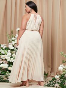 SHEIN Belle Vestidos Tallas Grandes Cinta Liso Elegante - Beis - Ver 2