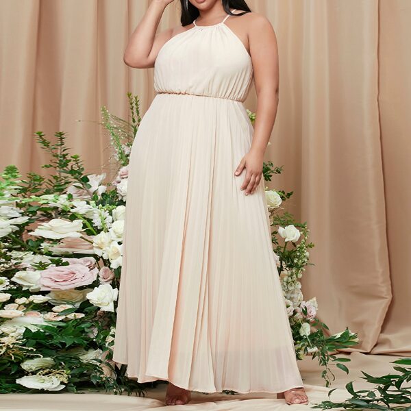 

Plus Tie Back Pleated Dress, Beige