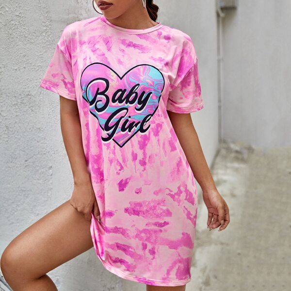 

Tie Dye Heart & Letter Graphic Tee Dress, Pink
