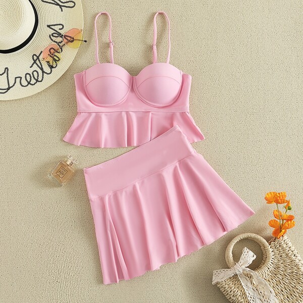 

Ruffle Underwire Skort Bikini Swimsuit, Baby pink