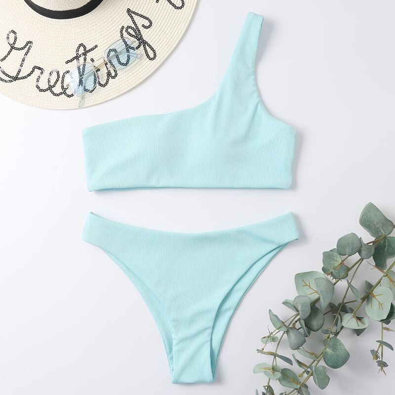 

Rib One Shoulder Bikini Swimsuit, Mint blue