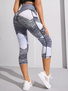 Easithlete Color-Block Stripe Sports Leggings & Phone Pocket Yoga Women Pants - Baby Blue - View 2