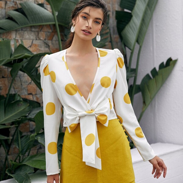 

Puff Sleeve Plunging Neck Bow Front Polka Dot Top, White