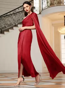 SHEIN Belle 單肩斗篷袖抽褶圍裹洋裝 - 酒紅色 - 查看 1
