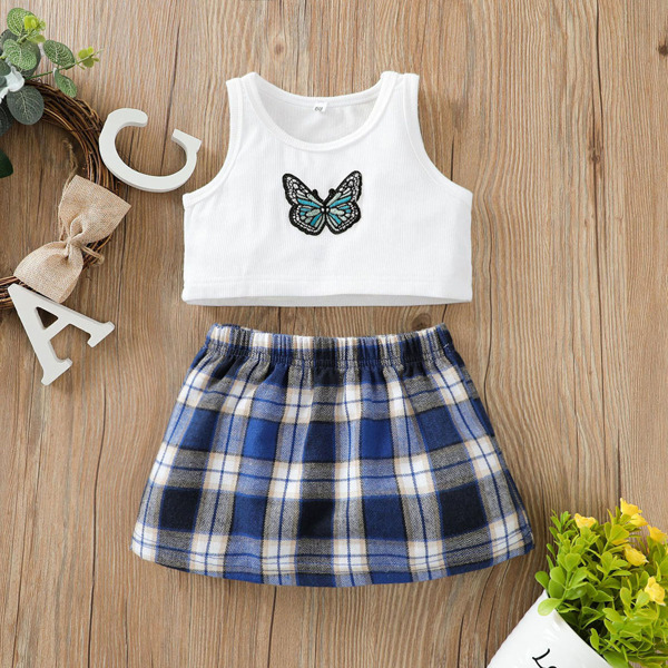 

Baby Girl Butterfly Embroidery Tank Top With Plaid Skirt, Multicolor