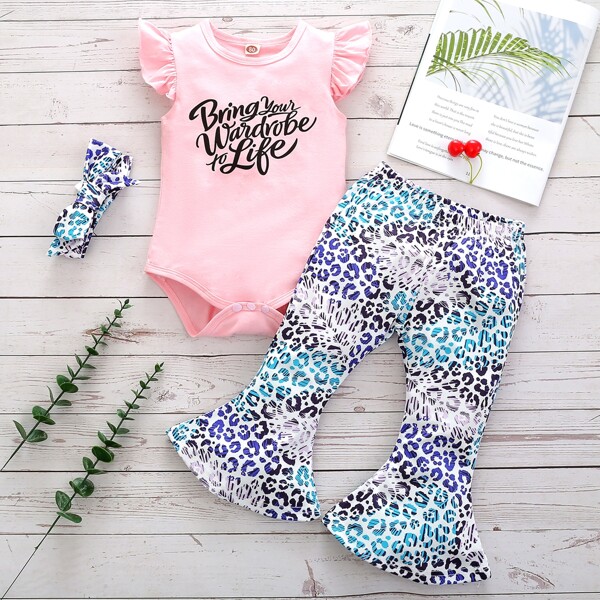 

Baby Girl Slogan Graphic Bodysuit & Flare Leg Pants & Headband, Multicolor