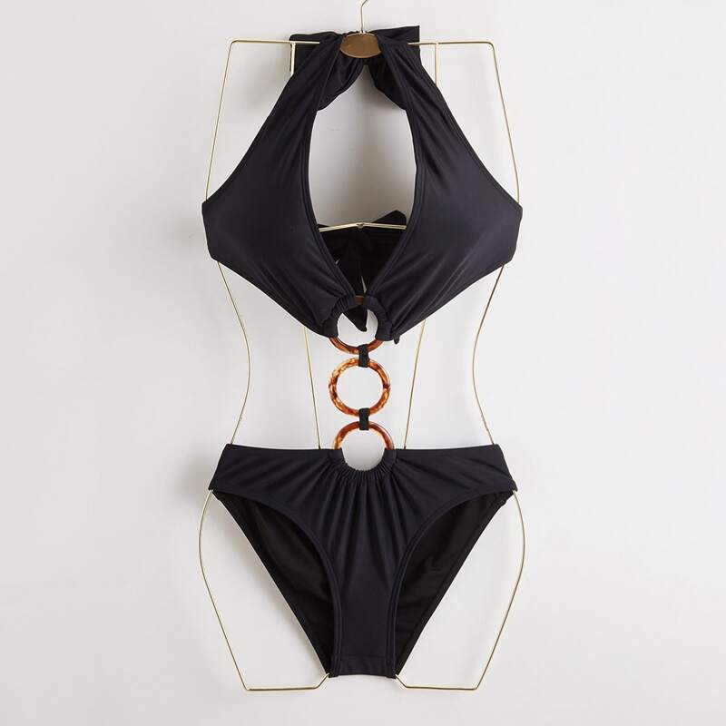 

Ring Linked Halter One Piece Swimsuit, Black