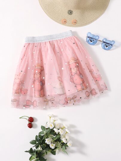 تنورة شامل شبكي بجرافيك رسوم كارتون للبنات الصغار