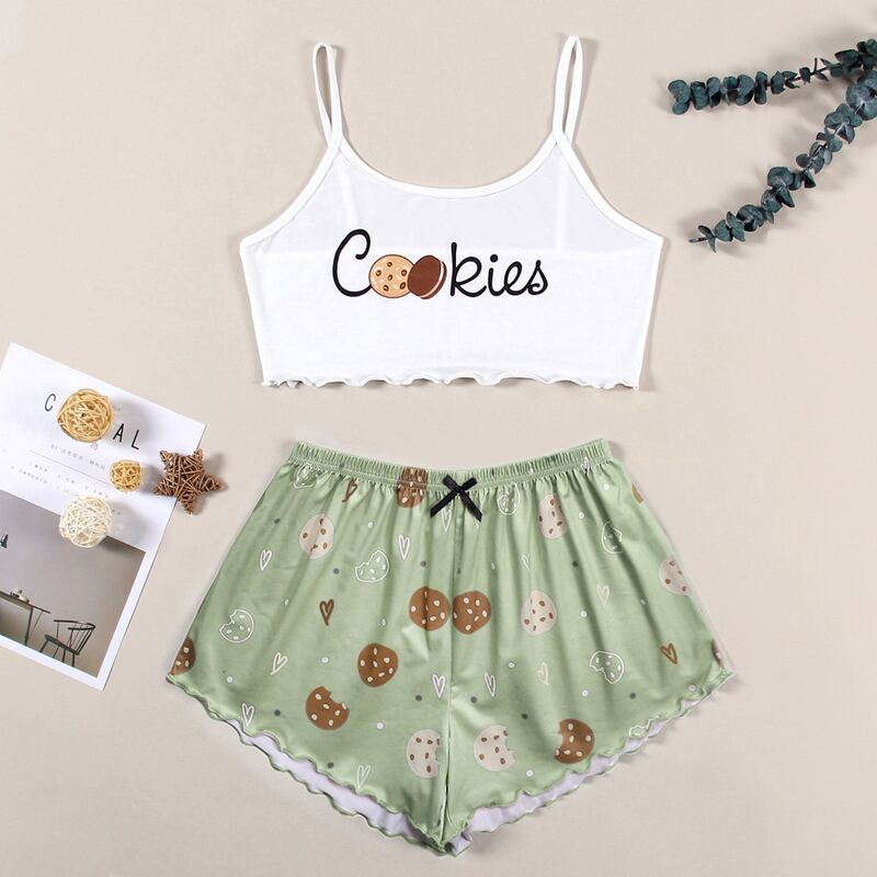 

Cookies And Letter Graphic Lettuce Trim Cami Pajama Set, Multicolor