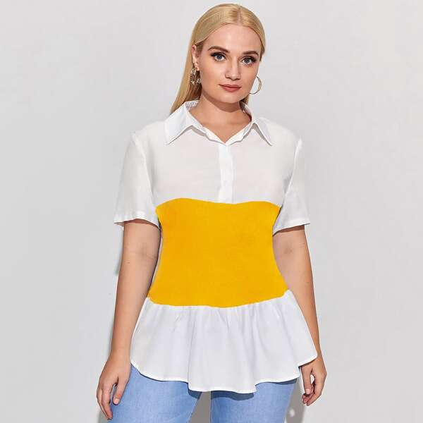 

Plus Colorblock Half Placket Peplum Blouse, Multicolor