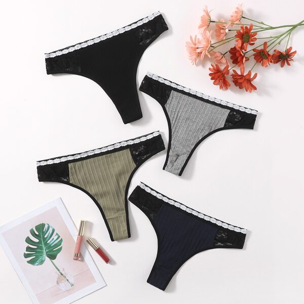 

4pack Plus Contrast Lace Thong Set, Multicolor