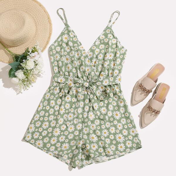 

Plus Allover Floral Print Belted Cami Romper, Mint green