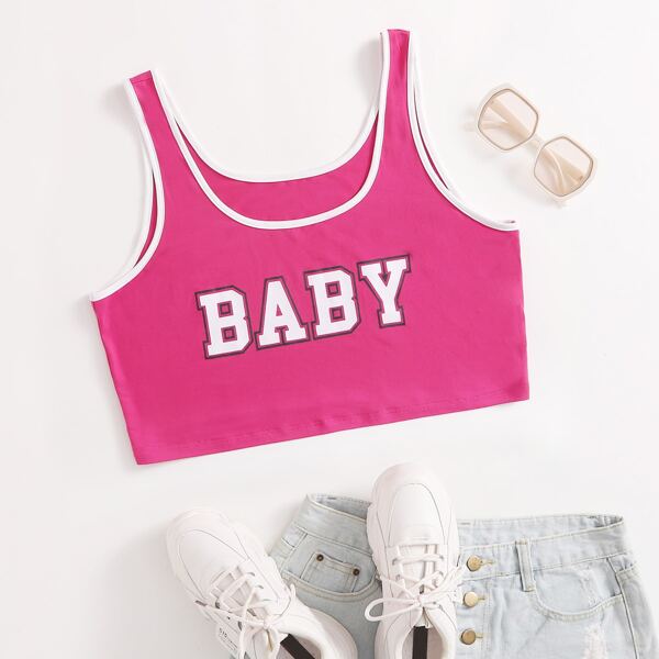 

Plus Letter Graphic Contrast Binding Tank Top, Pink