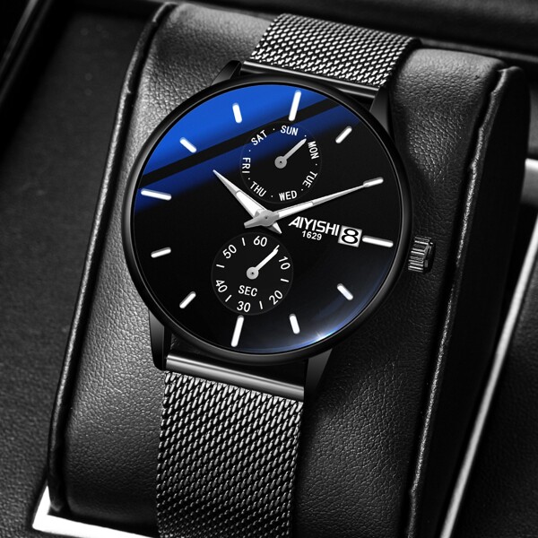 

Men Round Pointer Date Mesh Strap Quartz Watch