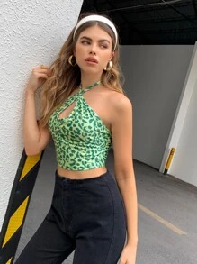 Allover Print Crop Halter Top - Green - View 3