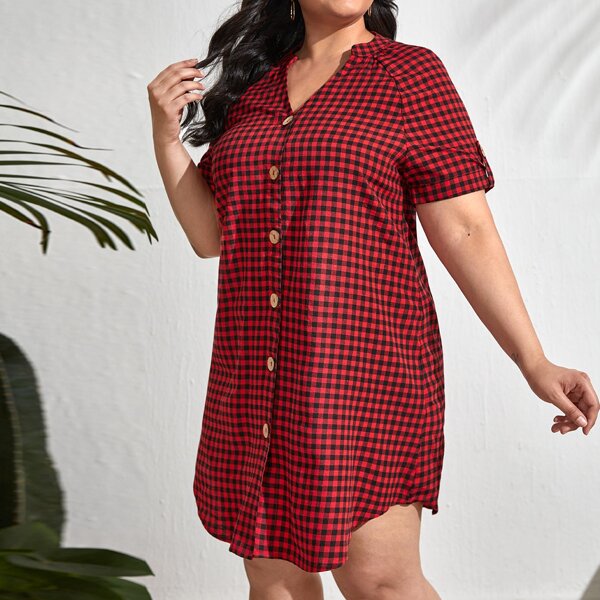 

Plus Cuffed Sleeve Button Front Gingham Dress, Multicolor