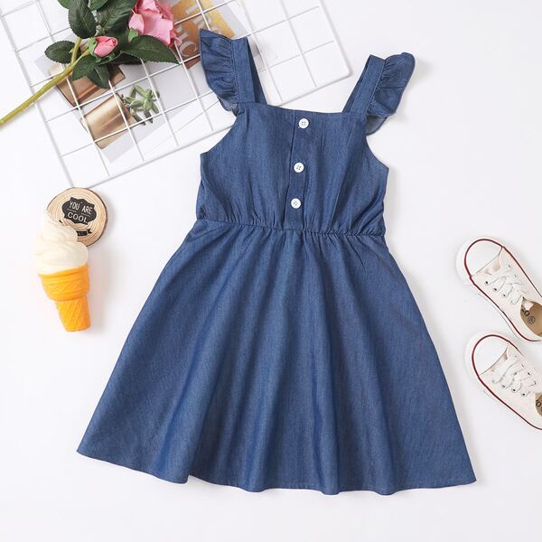 

Toddler Girls Ruffle Trim Denim Dress, Medium wash