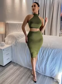 SHEIN SXY Solid Halter Top & Pencil Skirt - Olive Green - View 3