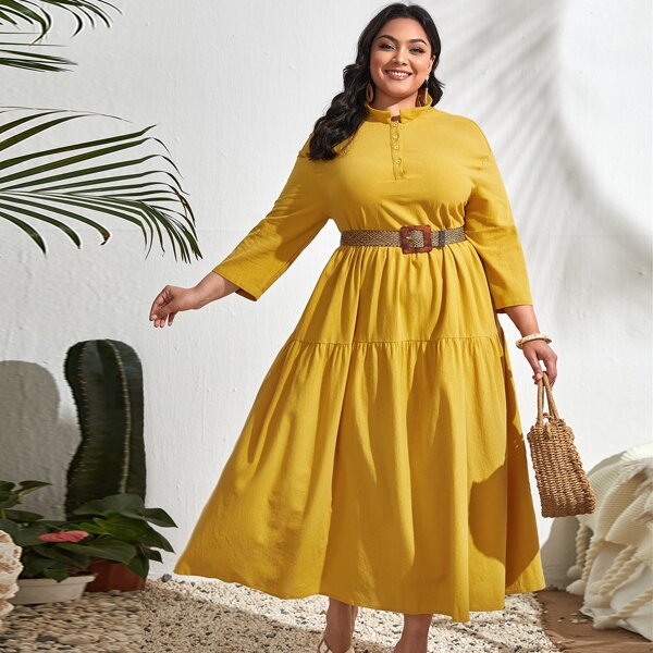 

Plus Drop Shoulder Button Front Flounce Hem Dress Without Belt, Yellow