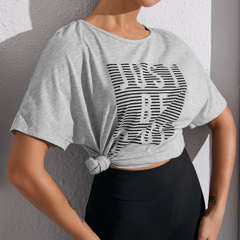 

Striped & Slogan Graphic Sports Tee, Grey