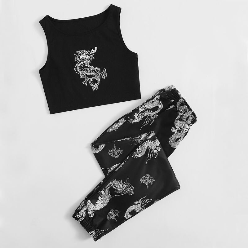 

Chinese Dragon Graphic Ribbed Tank Top & Pants, Black and white