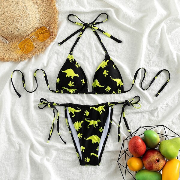 

Dinosaur Random Print Triangle Thong Bikini Swimsuit, Black