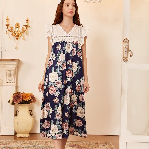 

Large Floral Print Schiffy Yoke Lace Trim Night Dress, Multicolor