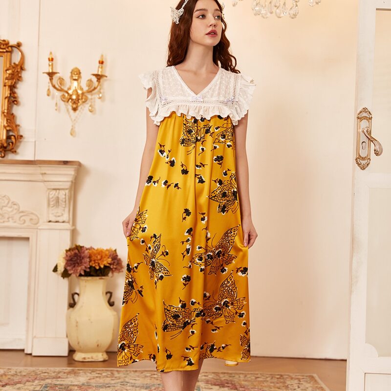 

Large Floral Print Schiffy Yoke Lace Trim Night Dress, Mustard yellow