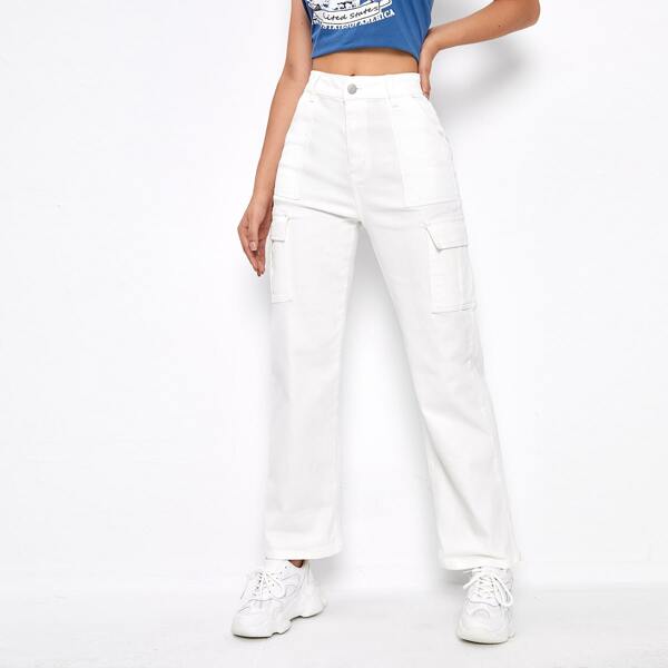 

High-Waist Flap Pocket Whip Stitch Cargo Jeans, White