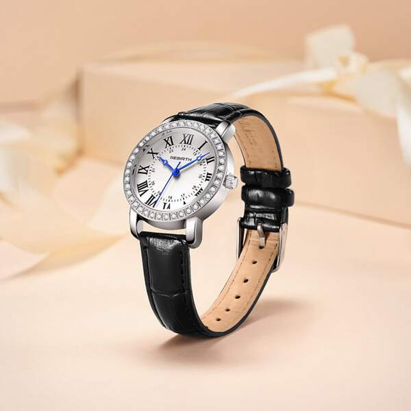 

Rhinestone Decor Round Pointer Quartz Watch