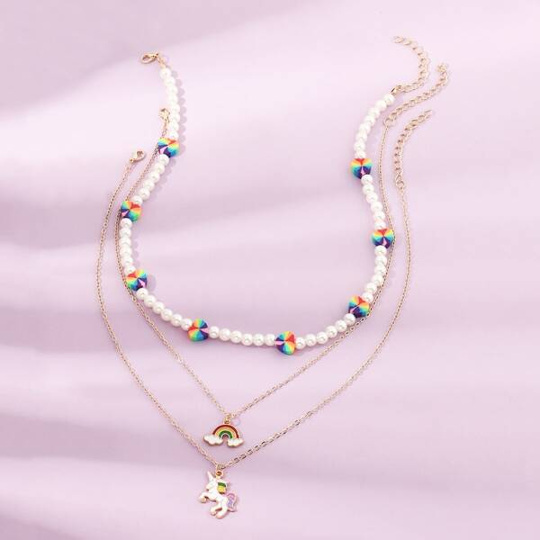 

3pcs Girls Rainbow Charm Necklace, Multicolor