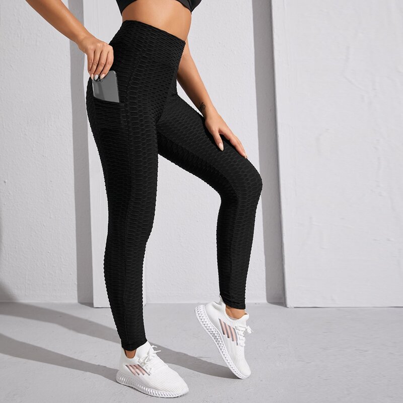 

Solid Textured Sports Leggings With Phone Pocket, Black
