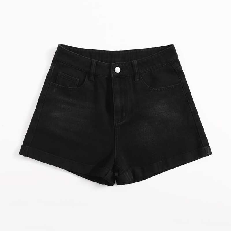 

Solid Cuffed Denim Shorts, Black