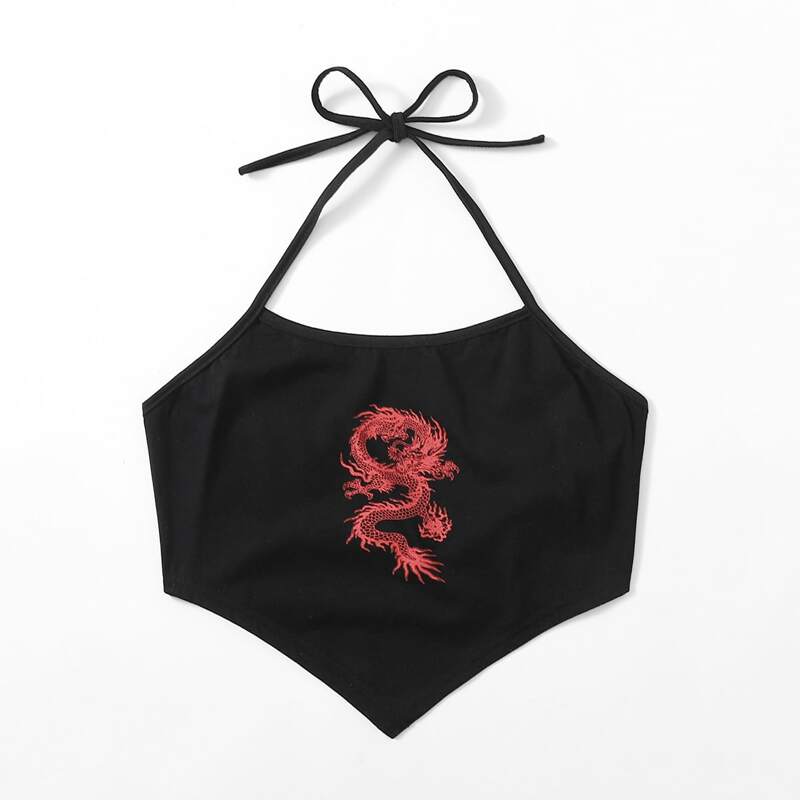 

Chinese Dragon Graphic Halter Top, Black