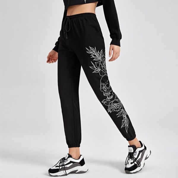 

Drawstring Waist Skull & Floral Print Joggers, Black
