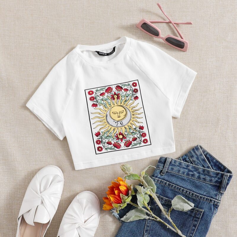 

Sun & Floral Print Raglan Sleeve Crop Tee, White