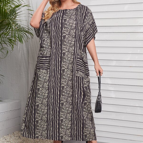 

Plus Striped Floral & Plants Print Dress, Multicolor