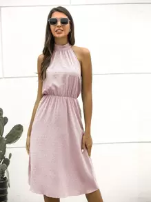 Halter Neck Swiss Dot Dress - Baby Pink - View 1