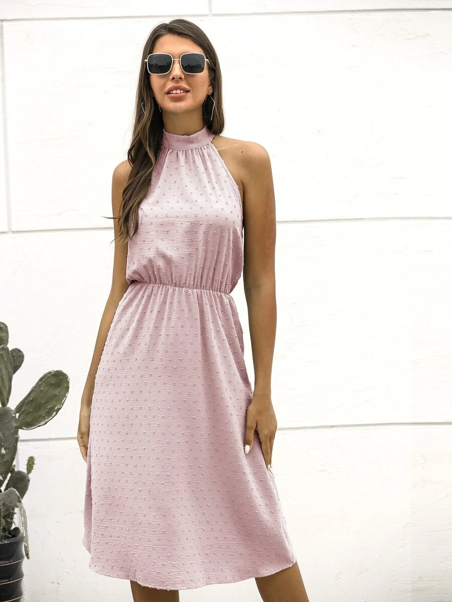 Halter Neck Swiss Dot Dress - Baby Pink - View 1