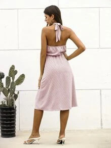 Halter Neck Swiss Dot Dress - Baby Pink - View 2