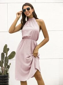 Halter Neck Swiss Dot Dress - Baby Pink - View 5