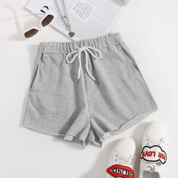 

Drawstring Waist Raw Hem Track Shorts, Light grey