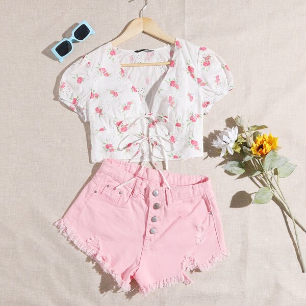 

Floral Puff Sleeve Tie Front Schiffy Top, White