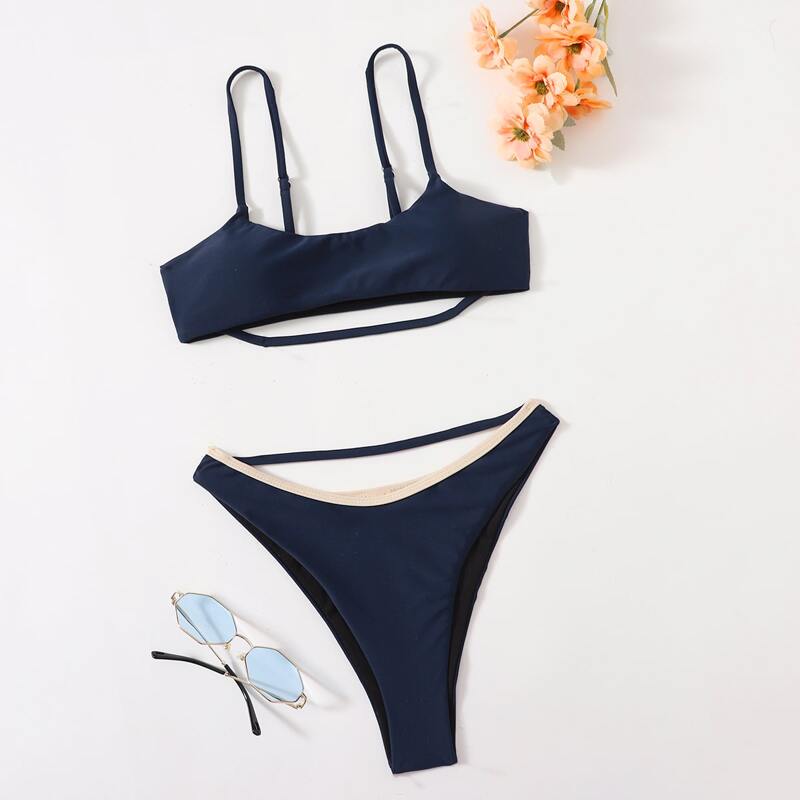 

Solid Cut Out Bikini Swimsuit, Navy blue