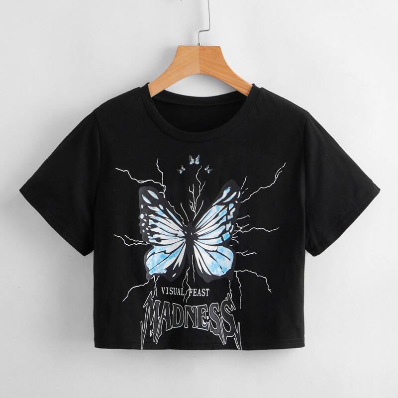 

Letter Butterfly Graphic Crop Tee, Black