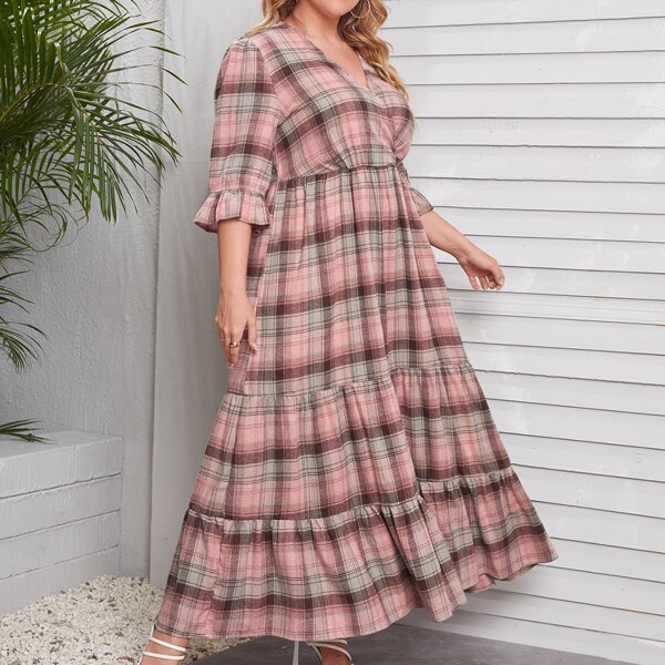 

Plus Surplice Neck Ruffle Trim Plaid Dress, Multicolor