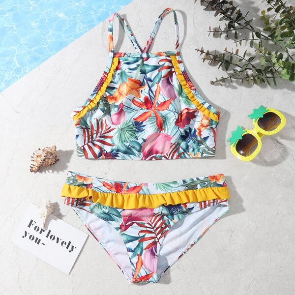 

Girls Floral & Tropical Frill Bikini Swimsuit, Multicolor