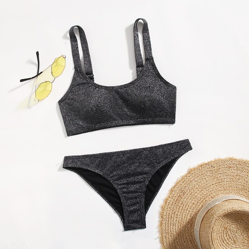 

Solid Glitter Bikini Swimsuit, Black